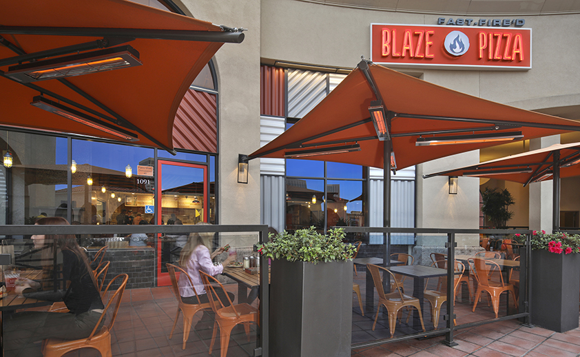 Blaze Pizza in Newport Beach, CA. W-Series pole-and-ceiling-mounted heaters.